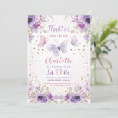 フラッターバタフライフラワーパープルバースデーパーティー 招待状 (スタンド正面)
