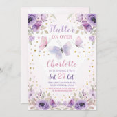 フラッターバタフライフラワーパープルバースデーパーティー 招待状 (正面/裏面)