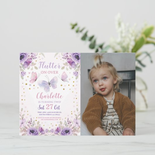 フラッターバタフライフラワーフォトバースデーパーティー 招待状 (スタンド正面)