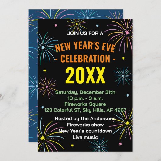 フラットカラフルニューイヤーズ大晦日パーティの招待状 招待状 (正面/裏面)