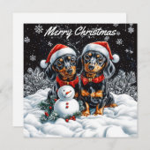 フラットクリスマスのダックスフントと雪だるまパック ノートカード (正面/裏面)