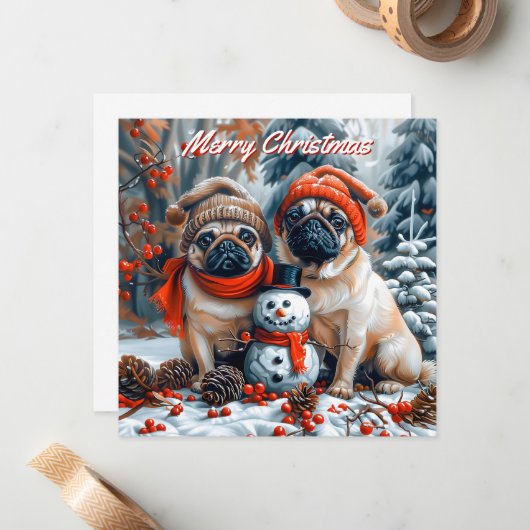 フラットクリスマスの雪だるまパック付きパグ ノートカード (正面/裏面インサイチュ)