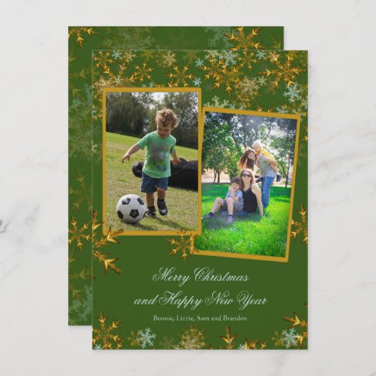 フラットグリーンと金ゴールドクリスマスフォトカード シーズンカード (正面/裏面)