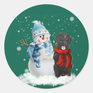 フラットコートレトリエバードッグクリスマス雪だるまキリスト ラウンドシール
