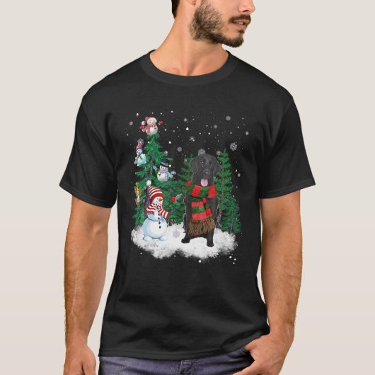 フラットコートレトリエバードッグクリスマス雪だるまクリスマスT Tシャツ (正面)