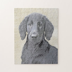 フラットコートレトリ絵画バー-オリジナルドッグアート ジグソーパズル