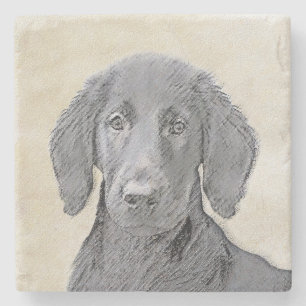 フラットコートレトリ絵画ーバーズオリジナルドッグアート ストーンコースター