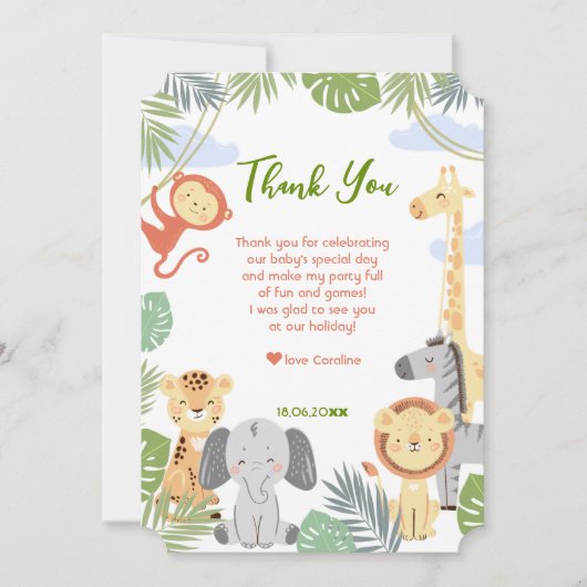 フラットサンキューカードかわいい動物と最初の誕生日 サンキューカード (正面)