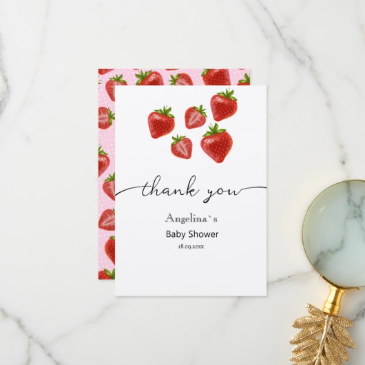 フラットサンキューベイビーシャワー甘いイチゴ。 サンキューカード (正面/裏面インサイチュ)