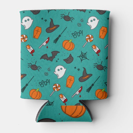 フラットスタイルハロウィーンターコイズパターン。 缶クーラー (正面)