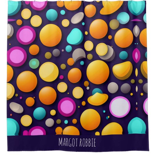 フラットスマイルサークルオレンジブルーレトロパターン シャワーカーテン (正面)