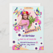 フラットバタフライ誕生日招待状付き写真 招待状 (正面/裏面)