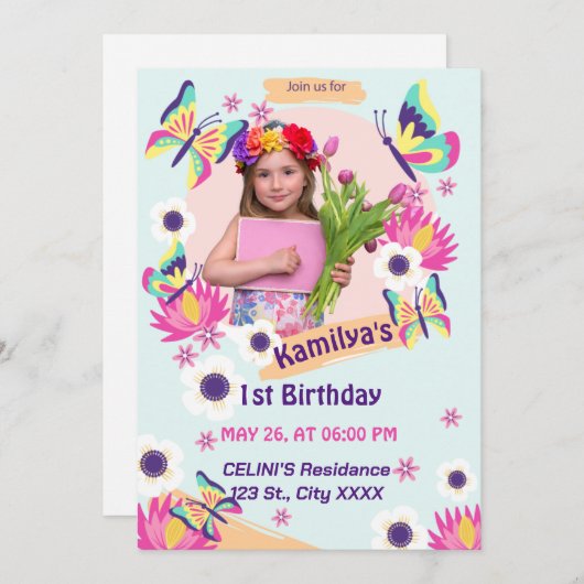 フラットバタフライ誕生日招待状付き写真 招待状 (正面/裏面)