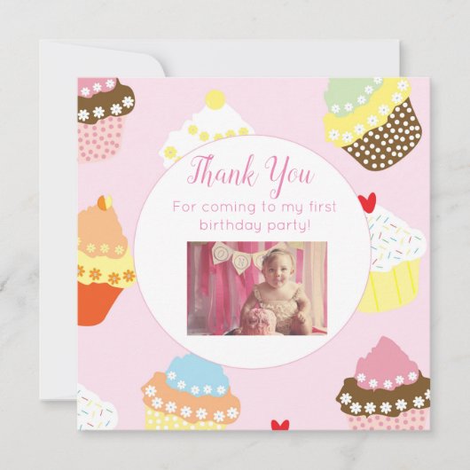 フラットフォト誕生日サンキューカードとカップケーキ サンキューカード (正面)