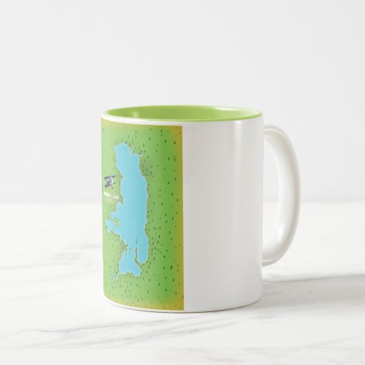 フラットヘッドモンタナ湖USAの地図の旅行ポスター。 ツートーンマグカップ (正面右)