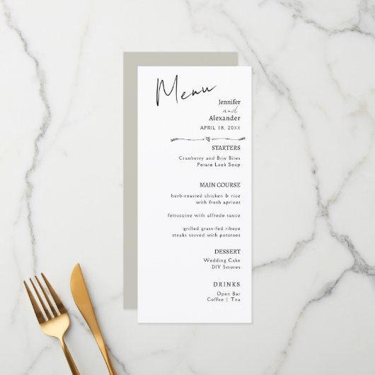 フラットメニューモダンミニマル結婚リスト書。 メニュー (正面/裏面インサイチュ)