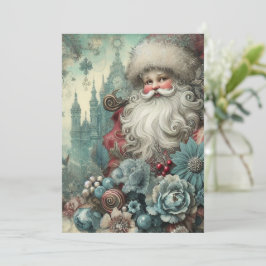 フラット ノンフォト ヴィンテージ ブルー サンタ クリスマスカード