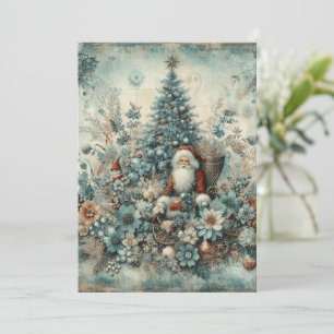 フラット ノンフォト ヴィンテージ ブルー サンタ クリスマスカード