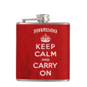 フラッパーソナライズされたクKeep Calm and Carry On フラスク (正面)