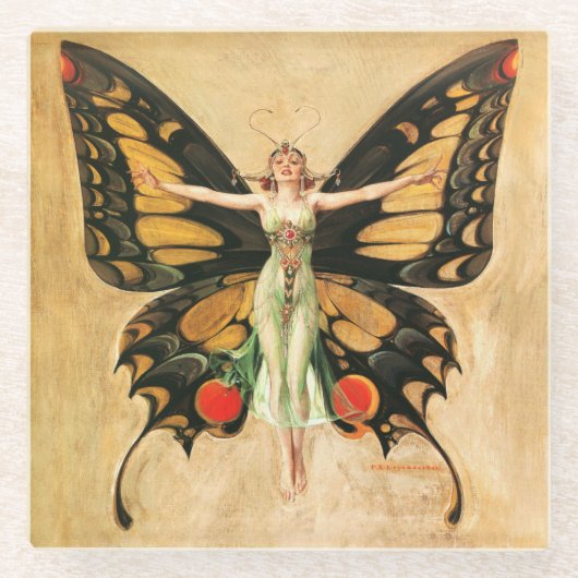 フラッパーバタフライ飛んでいるウーマンイラストレーション ガラスコースター (正面)