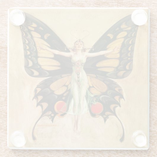 フラッパーバタフライ飛んでいるウーマンイラストレーション ガラスコースター (裏面)