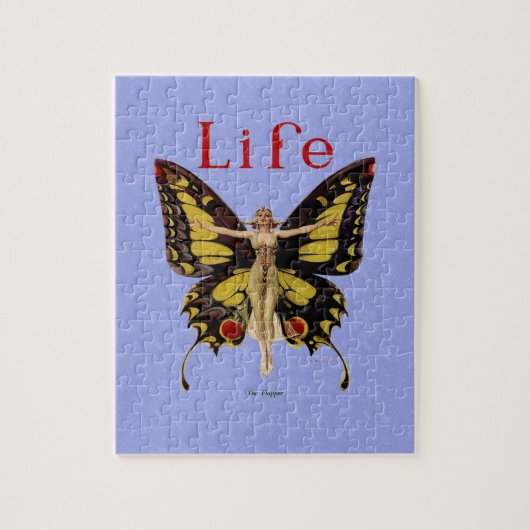 フラッパーバタフライ飛んでいるウーマンイラストレーション ジグソーパズル (縦)