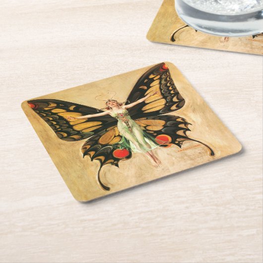 フラッパーバタフライ飛んでいるウーマンイラストレーション スクエアペーパーコースター