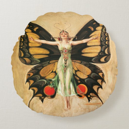 フラッパーバタフライ飛んでいるウーマンイラストレーション ラウンドクッション (正面)