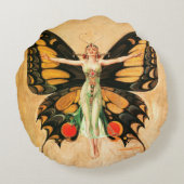 フラッパーバタフライ飛んでいるウーマンイラストレーション ラウンドクッション (裏面)