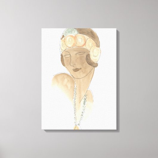 フラッパーファッションスケッチ – ヘアピース付き女性 キャンバスプリント (正面)