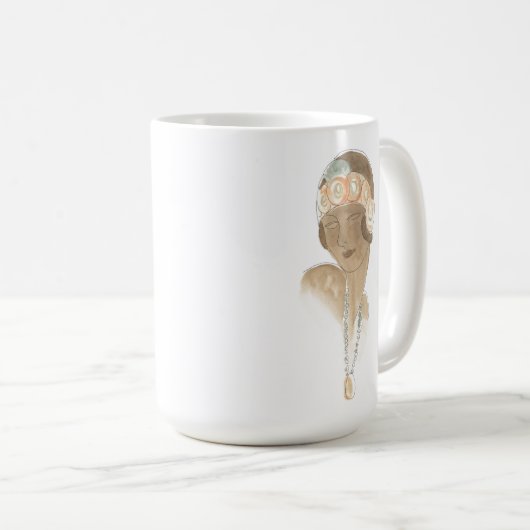フラッパーファッションスケッチ – ヘアピース付き女性 コーヒーマグカップ (正面右)