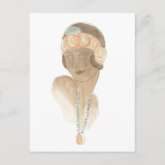 フラッパーファッションスケッチ – ヘアピース付き女性 ポストカード (正面)