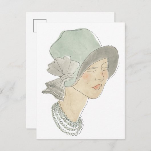 フラッパーファッションスケッチ – 帽子の女性 ポストカード (正面/裏面)