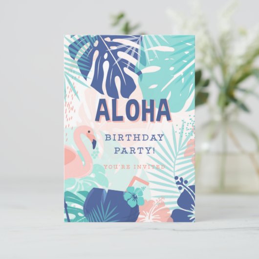 フラハワイアンルアウ（ハワイ式宴会）テーマ誕生日招待状 出欠カード (スタンド正面)
