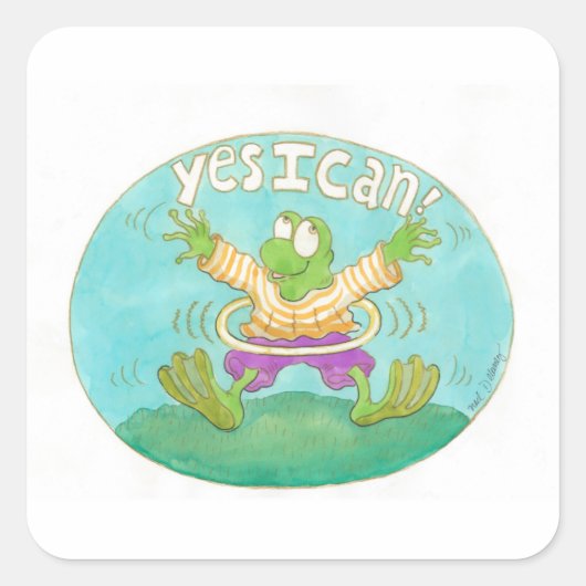 フラフープ付きのカエルは「YESできるよ!」と言う。 スクエアシール (正面)
