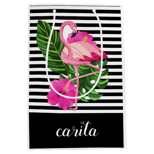 フラミパーソナライズされたンゴストライプの抱き枕 ミディアムペーパーバッグ (正面)