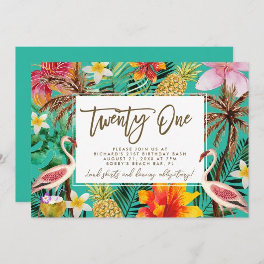 フラミファンキーンゴ熱帯熱21歳の誕生日の招待状 サンキューカード (正面/裏面)