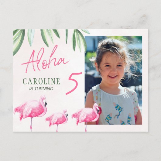 フラミングルアロハ熱帯熱PHOTO誕生日パーティーしよう インビテーションポストカード (正面)