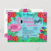 フラミングルピンクフローラ12番目の誕生日プールパーティー インビテーションポストカード (正面/裏面)