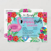 フラミングルピンクフローラ8番目の誕生日プールパーティー インビテーションポストカード (正面/裏面)