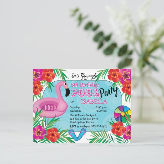 フラミングルピンクフローラ8番目の誕生日プールパーティー インビテーションポストカード (スタンド正面)