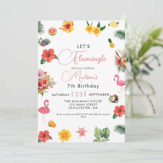 フラミングルルアウ（ハワイ式宴会）フローラ熱帯夏誕生日 招待状 (スタンド正面)