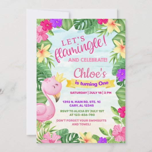フラミンゲル女の子フラミンゴ誕生日招待状。 招待状 (正面)