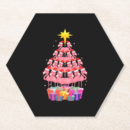 フラミンゴおもしろいクリスマスツリー ペーパーコースター (正面)