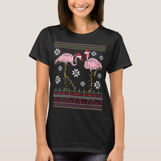 フラミンゴおもしろいライトクリスマスアニマル鳥色 Tシャツ (正面)