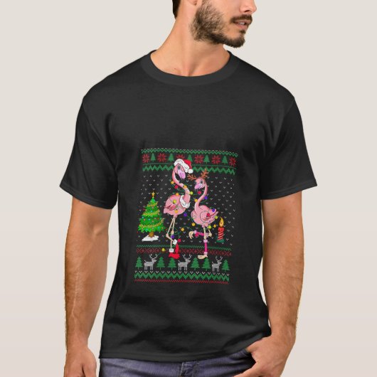 フラミンゴおもしろいライト絡み醜いセーターのクリスチム Tシャツ (正面)