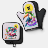 フラミンゴおもしろい 鍋つかみ&鍋敷きセット (正面/裏面)