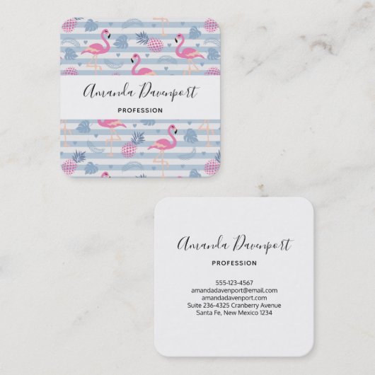 フラミンゴお洒落とパイナップルパターン スクエア名刺 (正面/裏面)