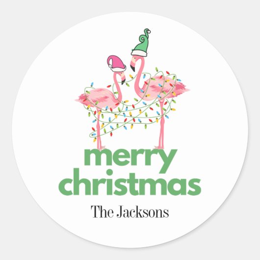 フラミンゴお洒落カラフルクリスマスのシール ラウンドシール (正面)