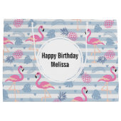 フラミンゴお洒落&パイナップルパターン誕生日 ラージペーパーバッグ (裏面)